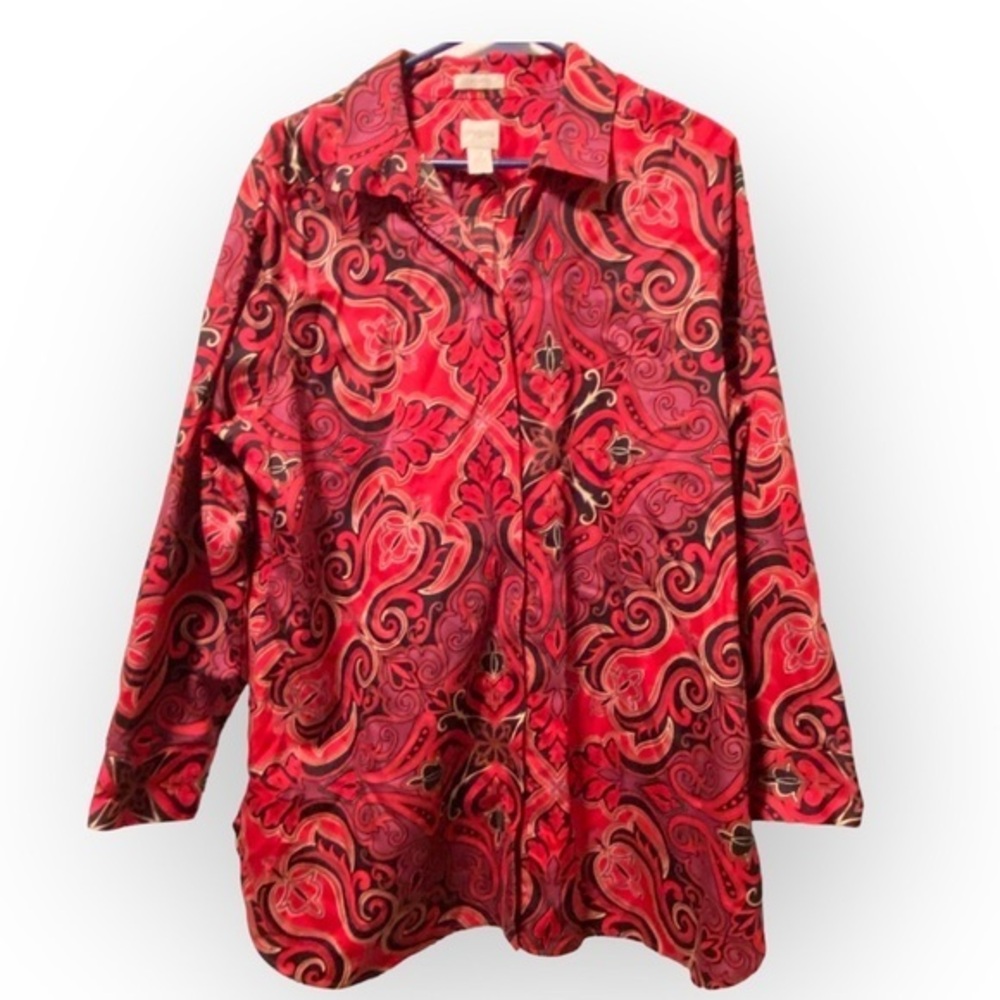 Chico’s Top Women’s Size 3 Red Black Paisley‎ LongLine Collared Button Front